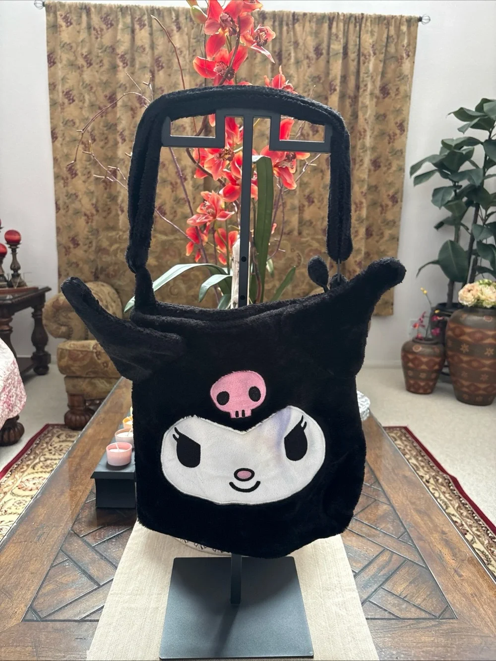 Kuromi Sanrio Black Plush Character Shoulder Bag with Pink Skull Accent